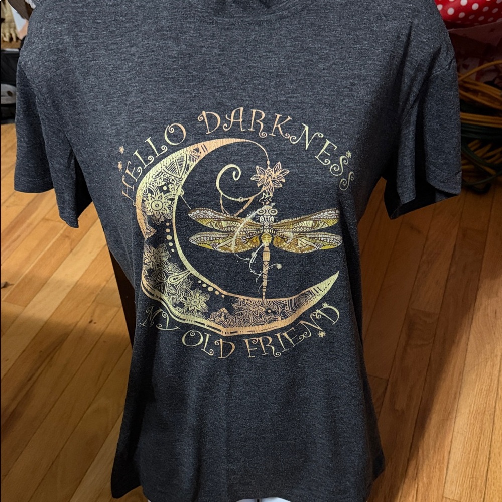 Dark Gray Graphic Tee with Moon and Dragonfly Design